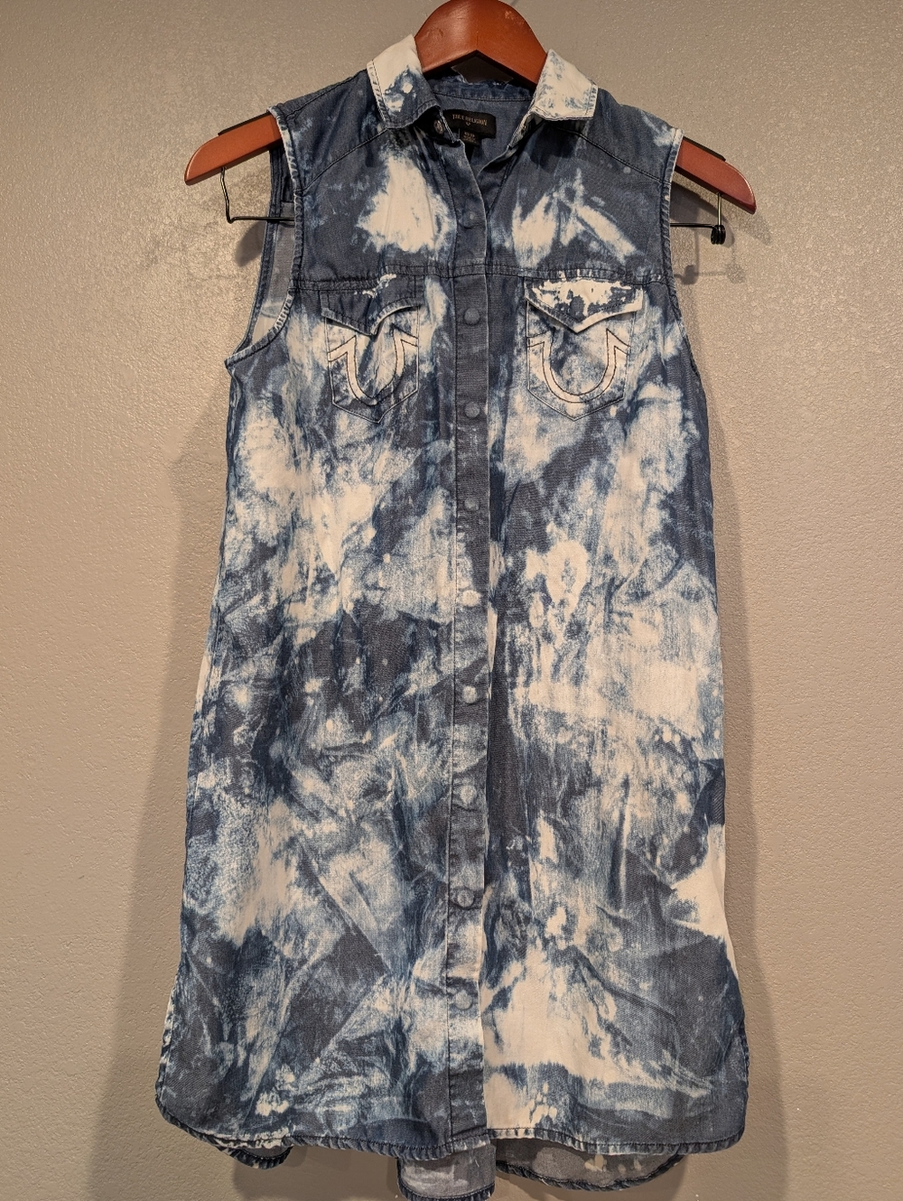 True Religion Blue and White Tie-Dye Denim Shirt Dress